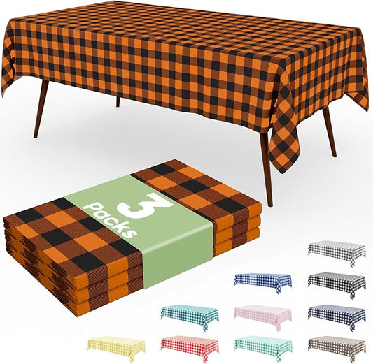 Smiry 3 Pack Gingham Disposable Table Cloth, 54 x 108 Inch Waterproof Plastic Tablecloth, Rectangle Black and Orange Checkered Table Covers for Picnic, Birthday, Party