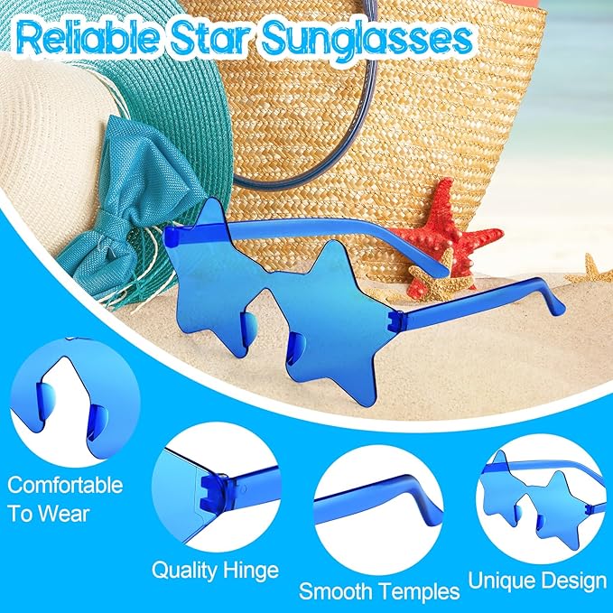PLULON 15 Pairs Star Sunglasses Rimless Star Shape Sunglasses, Colorful Star Glasses Bulk Bachelorette Sunglasses Star Party Favors for Birthday Beach Kids Adult - Multicolor