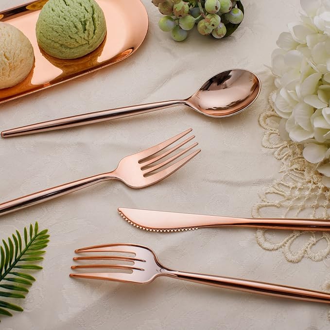 SUT 150Pcs Rose Gold Plastic Silverware, Disposable Cutlery Set, Heavy Duty Plastic Flatware Set，Disposable Rose Gold Utensils Include 50 Forks,50 Spoons, 50 Knives Perfect for Party