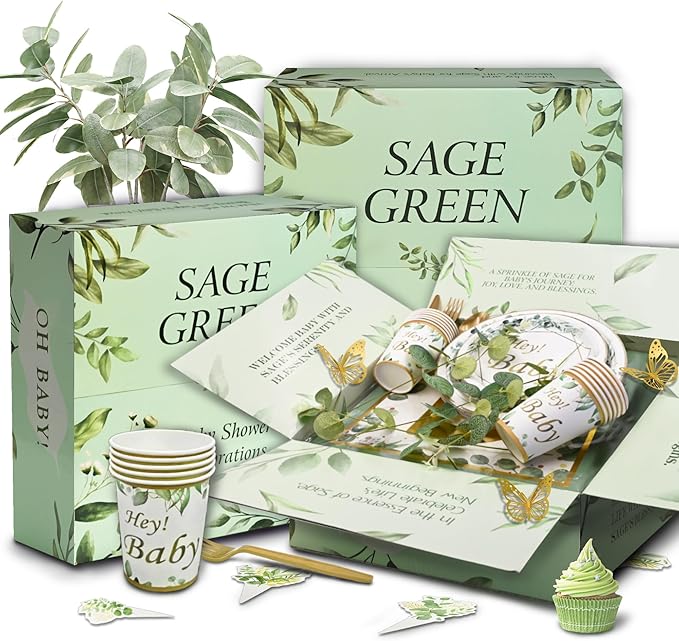 Sage Green Neutral Baby Shower All In One Set - 4 Balloon Boxes, 12 Tableware Sets with Disposable Plates, "OH BABY" Balloons, Tablecloth & Cake Toppers