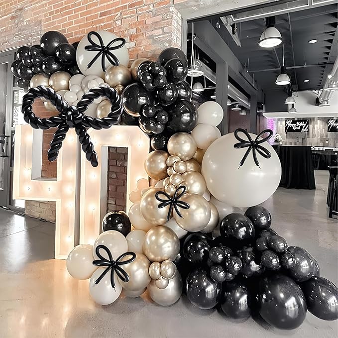 HILAVO Black and Sand White Balloon Arch Kit 105 Pcs Bow Balloon Garland Coquette Bow Balloons Ribbon Double Stuffed Sand Black Balloons for Coquette Birthday Wedding Baby Shower Bridal Party Decor