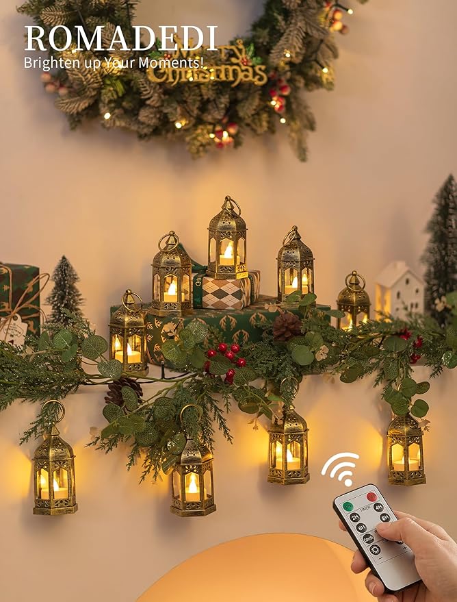 Romadedi Decorative Mini Lanterns for Centerpieces - Set of 10 Gold Vintage Small Candle Lantern Bulk with Remote for Wedding Table Decor Party Ramadan Christmas Halloween, Batteries Included