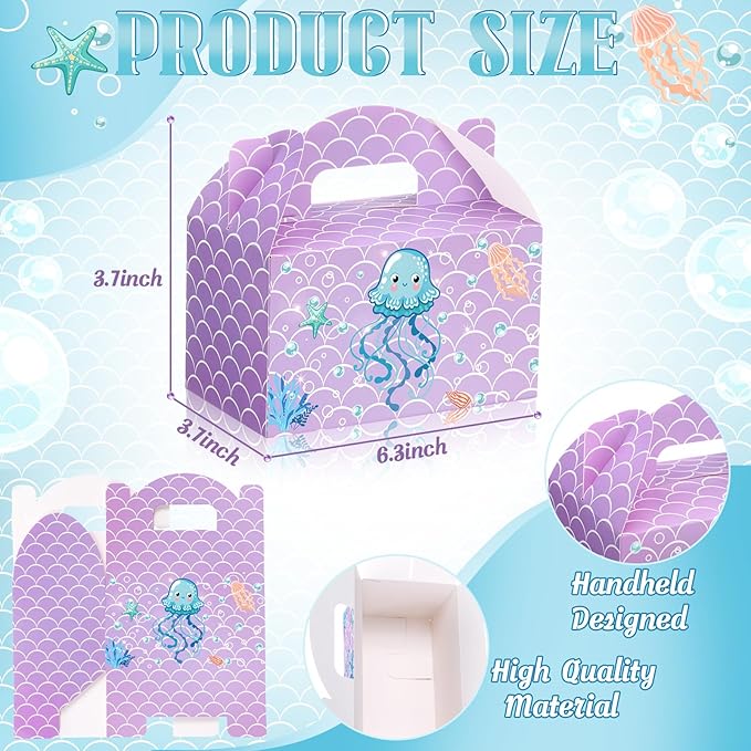 Dunzoom 24 Pcs Mermaid Party Favors Treat Boxes Shell Pearl Mermaid Goodie Bags Candy Gift Bags Ocean Gable Box with Handles for Girls Under The Sea Birthday Party Supplies