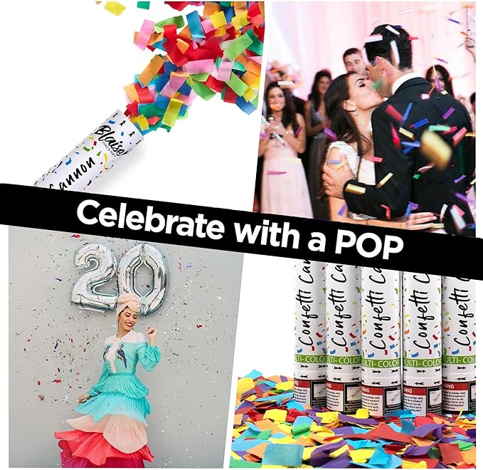 Blaise Pyro & Party Multi-Colored Confetti Poppers - Easy to Use Paper Confetti Poppers for Weddings, Birthdays, Anniversaries & More - Colorful Confetti Cannon for Memorable Photos - 6 Pack, 12 Inch