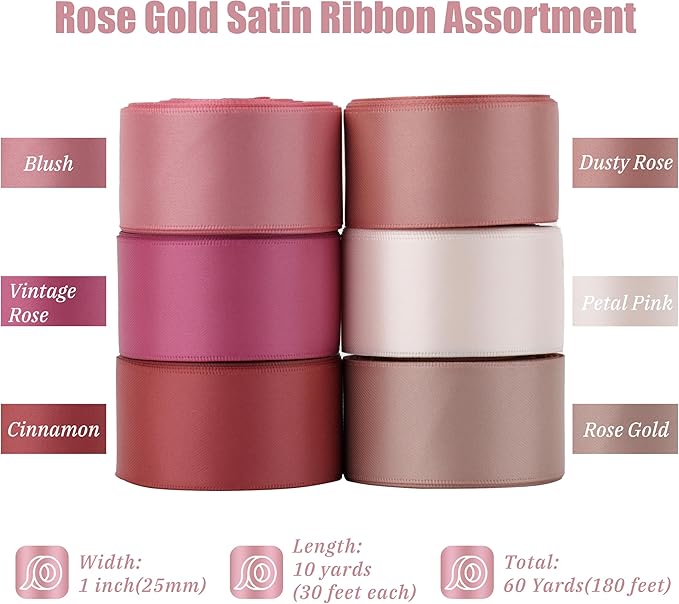 MAYREEL 1 Inch Rose Gold Satin Ribbon Dusty Pink Ribbon Mother's Day Crafts Wedding Bouquet 6 Rolls 10 Yards Each Color Total 60 Yards