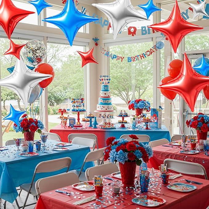 TONIFUL 30Pcs 26In&10In Star Balloons Blue Silver Red Four Pointed Foil Mini Star Mylar Balloons for Birthday Wedding Baby Shower Anniversary Engagement Independence Day Party Decor Supplies
