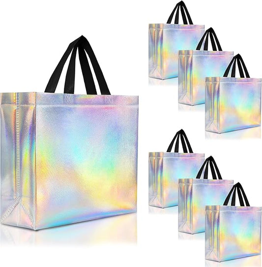 Nush Nush Large Iridescent Gift Bags Bulk - Set of 30 Holographic Reusable Gift Bags with Handles - Goodie Bags for Birthday Parties, Wedding, Small Business, Corporate Events - 13" W x 5" D x 11" H