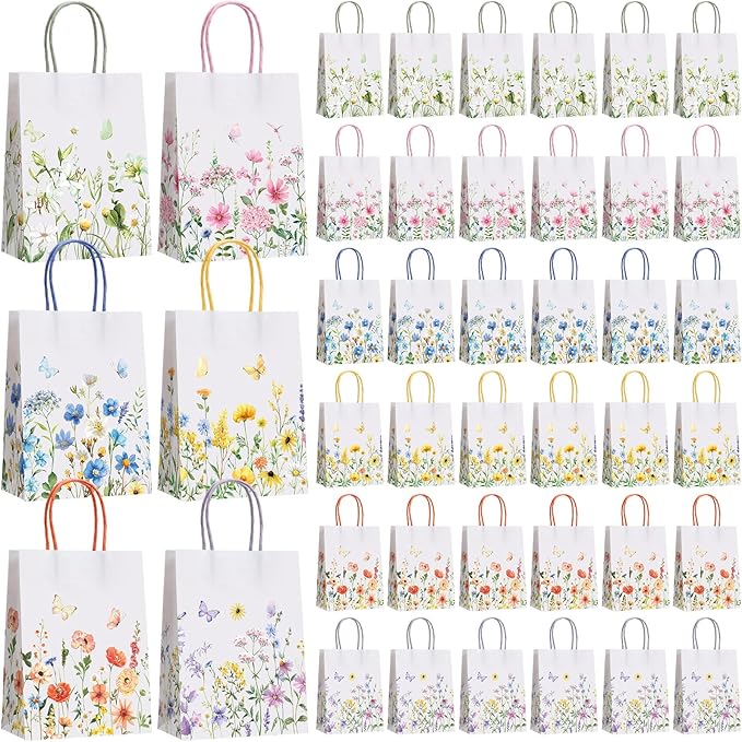 Gaillty 48 Pcs Wildflower Paper Gift Bags 6 Styles, Floral Goodie Bags with Handles Flower Wedding Welcome Bag Bulk for Wedding Bridal Shower Engagement Baby Shower Birthday Spring Tea Party Supplies