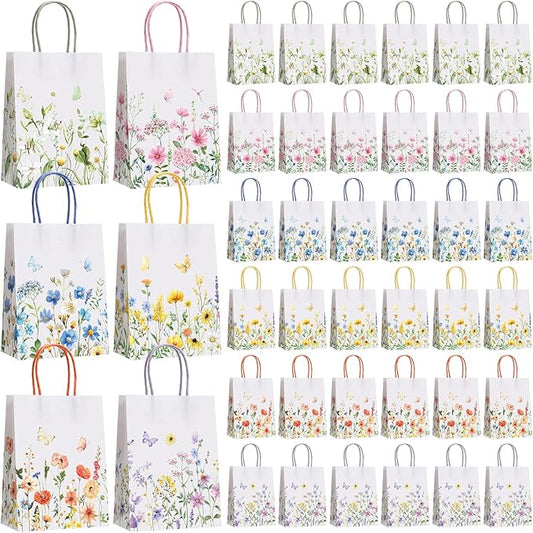 Gaillty 48 Pcs Wildflower Paper Gift Bags 6 Styles, Floral Goodie Bags with Handles Flower Wedding Welcome Bag Bulk for Wedding Bridal Shower Engagement Baby Shower Birthday Spring Tea Party Supplies