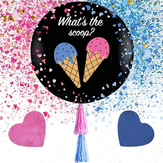 What's the Scoop Ice Cream Gender Reveal Balloon with Tassel Tail, 36 Inch Big Black Balloons with Pink and Blue Heart Shape Confetti Packs for Boy or Girl, Baby Shower Party Decoration Kit