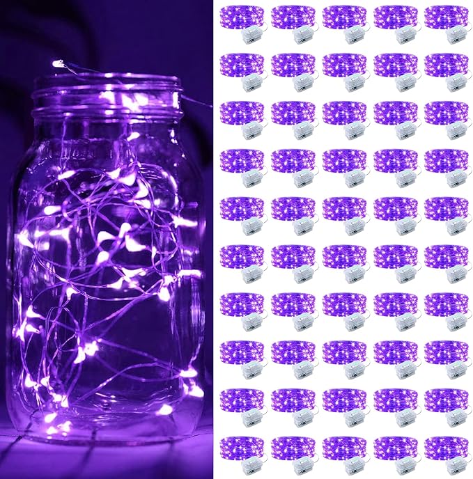 50 Pack Fairy Lights Battery Operated, 7FT 20 Mini LED Silver Wire Twinkle Lights for DIY, Parties, Wedding, Bedroom, Christmas Decoration (Purple)