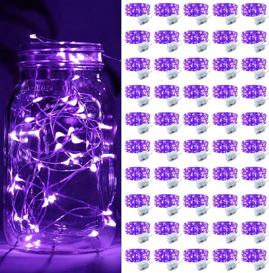 50 Pack Fairy Lights Battery Operated, 7FT 20 Mini LED Silver Wire Twinkle Lights for DIY, Parties, Wedding, Bedroom, Christmas Decoration (Purple)