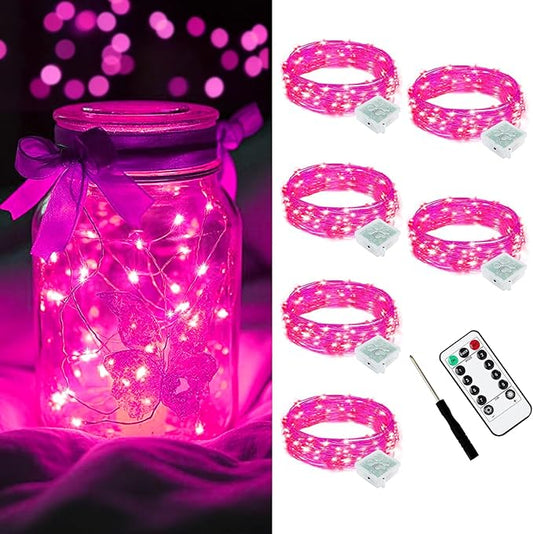 AIKEI 6 Pack LED Fairy Lights with Timer Battery Operated, Mini String Lights with Remote Waterproof 7ft 20 Led Firefly Starry Lighting for Wedding Party Bedroom Garden Christmas Decoration Pink
