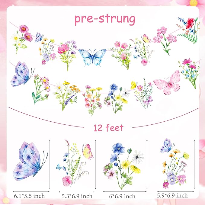 Wildflower Party Banners 2PCS Wildflower Birthday Party Supplies Spring Floral Party Decorations Wildflowers Themed Cutout Banner for Girl Women Garden Themed Decor