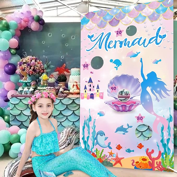 iPartycool Mermaid Toss Game, Mermaid Birthday Party Games, Mermaid Bean Bag Toss Games, Mermaid Party Supplies, Mermaid Backdrop Mermaid Party Games for Kids Adults Outside Activities Outdoor Games