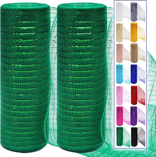 2 Pcs Green Deco Mesh Ribbon Rolls 10 Inch 10 Yards(30 ft) Decorative Mesh Fabric with Foil for Wreaths Christmas Tree Ribbon Door DIY Craft Halloween Decor Wedding Party Supplies (Green, 2Pcs)