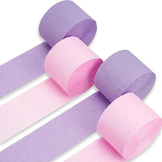 Pink and Purple Crepe Paper Streamers 4 Rolls 328ft, Pack of Party Streamers for Mother’s Day Decorations, Crepe Paper for Birthday, Wedding, Easter Party Decorations (1.8 Inch x 82 Ft/Roll)