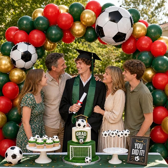 Soccer Balloons, Dark Green Red and Gold Football Theme Balloons with 4D Foil Football Balloon for Boys Kids Soccer Birthday Sports Themed Baby Shower Graduation Party Decorations