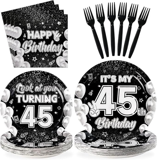 96Pcs 45th Birthday Party Decorations for Men Women Black White 45th Paper Plates and Napkins Set It's My 45th Birthday Theme Decorations for Look at You Turning 45 Years Old Party Supplies Serves 24