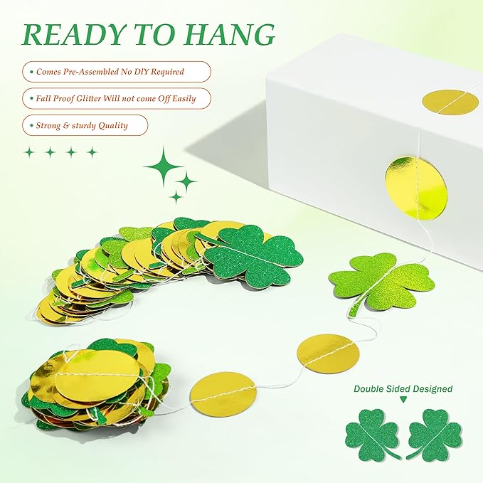 40Ft Glitter Shamrock Clover Garland St. Patrick's Day Decor Clover Glitter St Paddys Banner Hanging Streamers for Irish Lucky Spring Party Home Office Decor Supplies