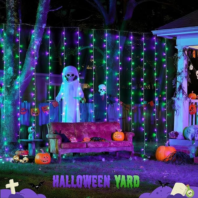JMEXSUSS 300LED Halloween Curtain Lights with Remote, 9.8x9.8ft Halloween Lights Plug in, Christmas Twinkle Hanging String Light for Bedroom Wall Window Backdrop Indoor Outdoor Decor, Purple and Green