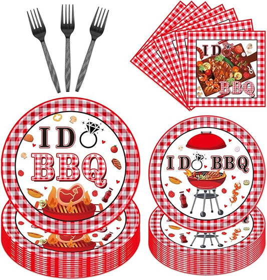 Gameza I Do BBQ Decorations - 96PCS I Do BBQ Party Plates Napkins and Forks Disposable Tableware Set, Barbeque Summer Engagement Bridal Shower Wedding Party Supplies Decor Serve 24