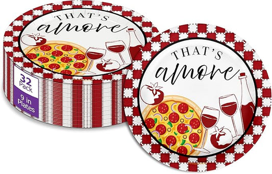 Birthday Galore That's Amore Bridal Shower - 32 Piece Disposable Party Supplies - Pizza Bridal Shower Decorations - Round Party Plates - Large 9" Paper Plates In Bulk