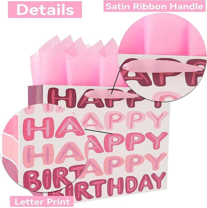 Qirrmiy 13'' Large Pink Happy Birthday Gift Bag Set with Handles, Greeting Card, Tissue Papers and Stickers for Women Girls Kids Teens, Words Design, 1 Pcs