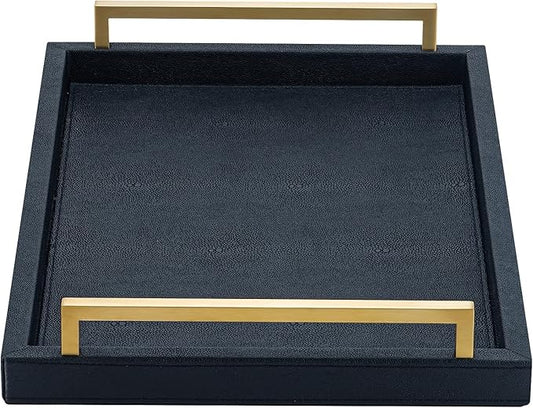 XIGEXIGE Black Faux Leather Serving Tray, 17x12 inches, Brushed Gold Handles, Decorative Tray for Ottoman Coffee Table, Living Room, Kitchen, Bathroom