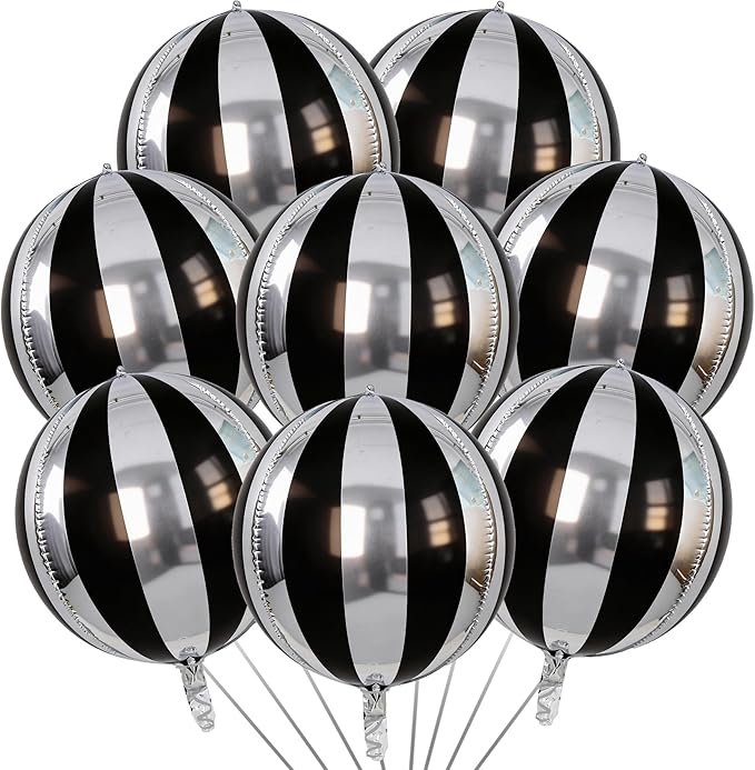 TONIFUL 8Pcs 22Inch Large Black Silver 4D Giant Round Foil Balloon 4D Metallic Mylar Sephere Balloons for Christmas New Year Birthday Party Graduation Wedding Bridal Shower Decoration Supplies