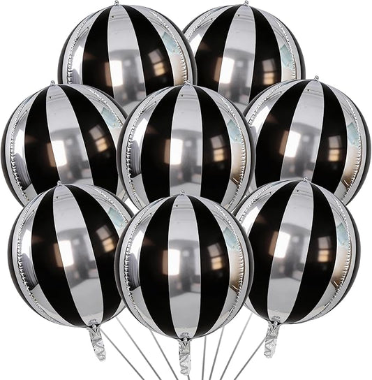 TONIFUL 8Pcs 22Inch Large Black Silver 4D Giant Round Foil Balloon 4D Metallic Mylar Sephere Balloons for Christmas New Year Birthday Party Graduation Wedding Bridal Shower Decoration Supplies