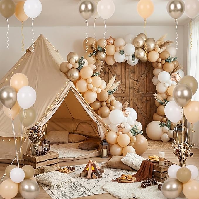 RUBFAC Beige and Champagne Balloons, 65pcs White and Brown Boho Gold Party Balloon for Neutral Birthday Bridal Baby Shower Wedding Party Decorations
