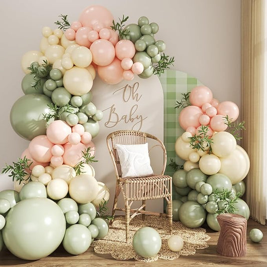Pink and Green Balloon Arch Kit 124Pcs Sage Green Peach Ivory White Balloons Different Size for Baby Shower Wedding Bridal Shower Birthday Gender Reveal Party Decorations