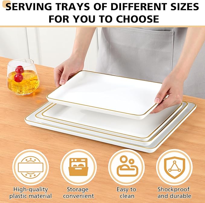 Rtteri Set of 4 Large Serving Platter Set 15/14/13/12 Inch Heavy Plastic Serving Trays Unbreakable Rectangular Platter Reusable Wood Grain Tray for Buffet Wedding Christmas Party(White and Gold)