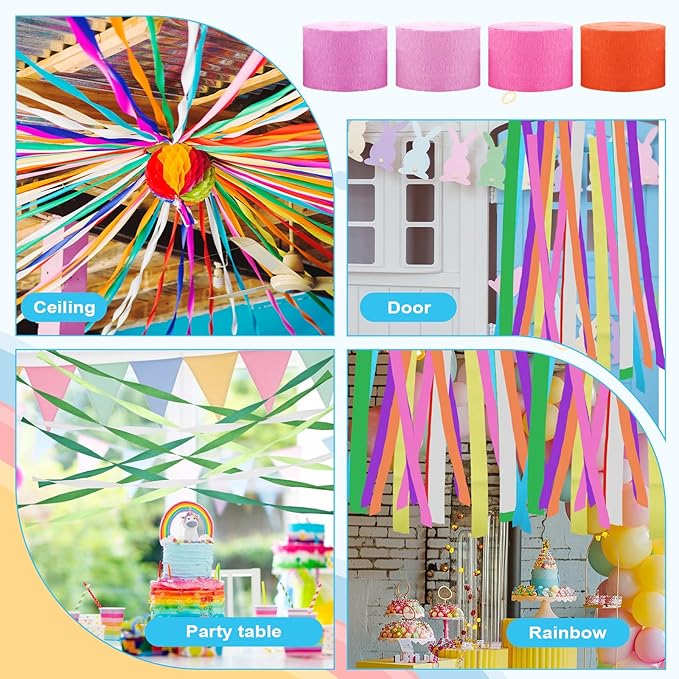 24 Rolls Crepe Paper Streamers, 24 Vibrant Colors Birthday Streamer Party Decorations Rainbow Party Streamers for Birthday Parties Wedding Ceremony Baby Shower Halloween DIY Crafts Decoration