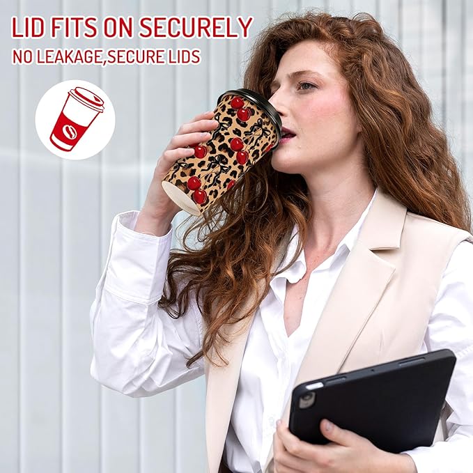 Whaline 50 Sets Leopard Print Coffee Paper Cups Bow Cherry Cheetah 16oz Disposable Cups with Lids for Hot Cold Drinks Birthday Bachelorette Safari Animal Party Supplies