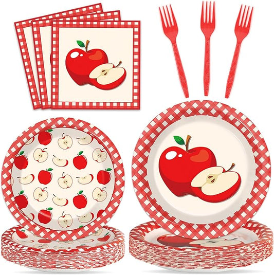 Qyeahkj 100 Pcs Apple Party Supplies Back to School Plates and Napkins Fruit Themed Decorations Apple Birthday Tableware Set Disposable Dinnerware Decor Serves 25 Guests