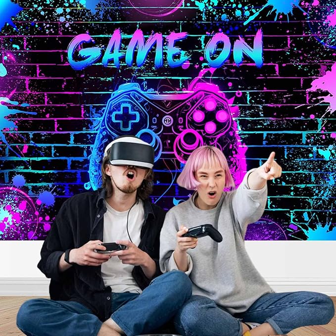 Mocsicka Game On Backdrop Video Game for Boys Level Up Birthday Party Decoration Purple Game Night Arcade Neon Glow Gamer Banner Photography Background (Purple, 6x4ft(72"x48"))