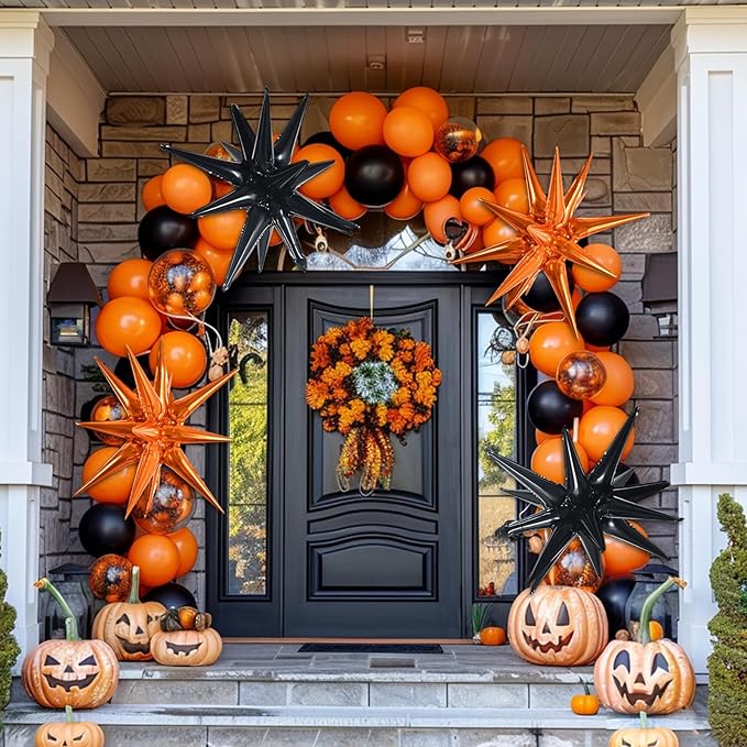TONIFUL 4Pcs 22 Inch 4D Huge Star Balloons,Explosion Star Mylar Foil Balloons for 2026 Graduation Party Supplies Halloween Backdrop,Christmas,New Year,Birthday Photo Booth Ornament (Black Orange)