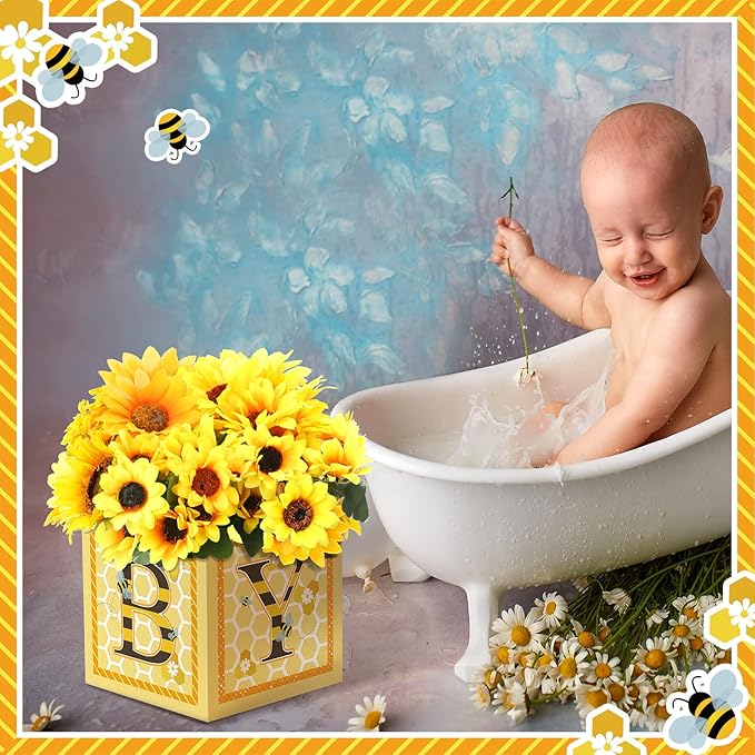 Bucherry 6 Pcs Baby Shower Centerpieces with Letters, 7" Baby Blocks Flower Boxes for Table Decorations, Gender Reveal Party Supplies & Photo Props(Yellow,Honey)