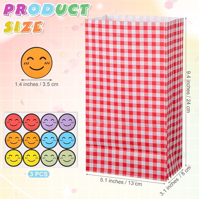 Nezyo 30 Pcs Pastel Gingham Paper Gift Bags with Stickers for Party 5.1 x 3.1 x 9.4 Inches Colorful Rainbow Paper Candy Bag for Party Favor Wedding Birthday Candy Snack DIY Goodie Treat (Plaid)