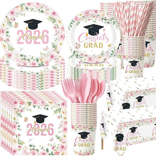 Funnymoom 452 Pcs Pink Floral Graduation Decoration Girl for 50 Guests, Class of 2026 Floral Graduation Paper Plates Napkins Cups Tablecloth Cutlery Straws for 2026 Congrats Grad Party Supplies