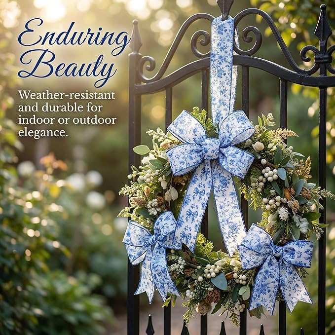 Blue Floral Wired Ribbon, Vintage Chinoiserie Fabric Craft Ribbon for Gift Wrapping, Wedding Decor, DIY Crafts, 4 Rolls, 2.5 Inch x 20 Yards (Blue)