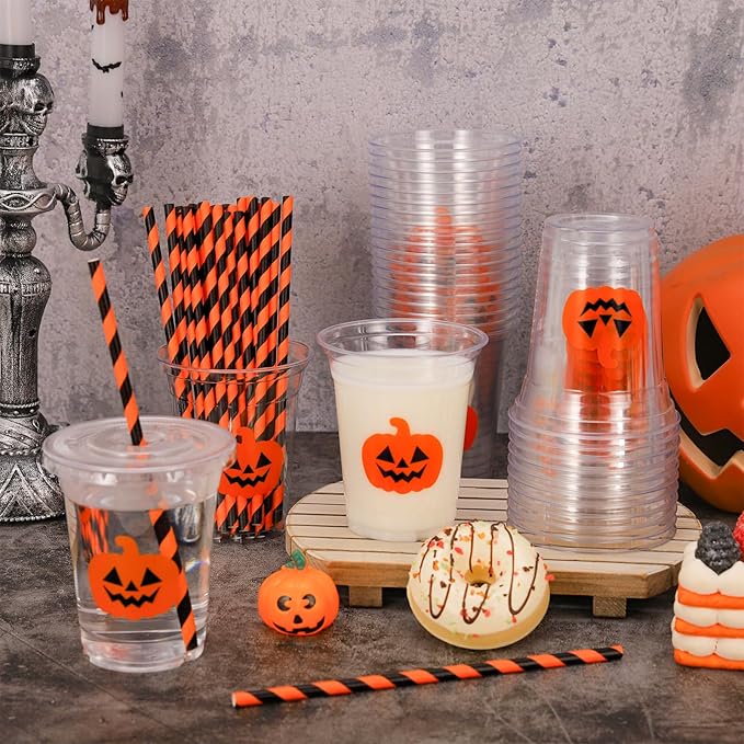 Whaline 50 Pcs Halloween Disposable Plastic Cups with Lids and Straws Orange Spooky Pumpkin Face Cold Beverage Drinking Cups for Trick or Treat Birthday Party Supplies