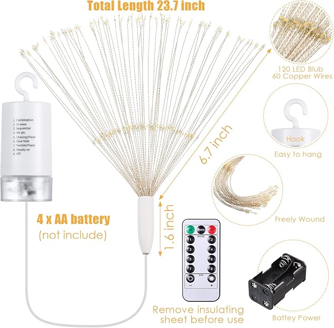 Tuanse 8 Pack Starburst Lights, LED Firework Fairy Lights Outdoor Hanging Battery Operated with Remote Control 120 LED 8 Modes for Garden Christmas Party Decor