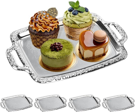 4-Pack Silver Serving Tray - Stainless Steel Platter with Handles Mirror Finish Silver Plates for Appetizers, Cookies, Charcuterie, Party Food Display & Home Decor