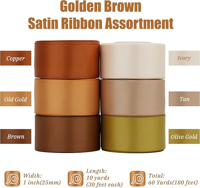 MAYREEL 1 Inch Gold Satin Ribbon Golden Brown for Christmas Tree Gift Wrapping Crafts Party Decorations 6 Rolls 10 Yards Each Color Total 60 Yards