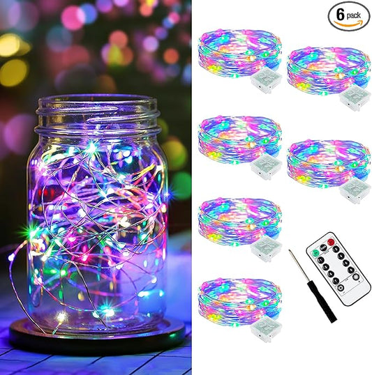 AIKEI 6 Pack LED Fairy Lights with Timer Battery Operated, Mini String Lights with Remote Waterproof 7ft 20 Led Firefly Starry Lighting for Wedding Party Bedroom Garden Christmas Decoration Colorful