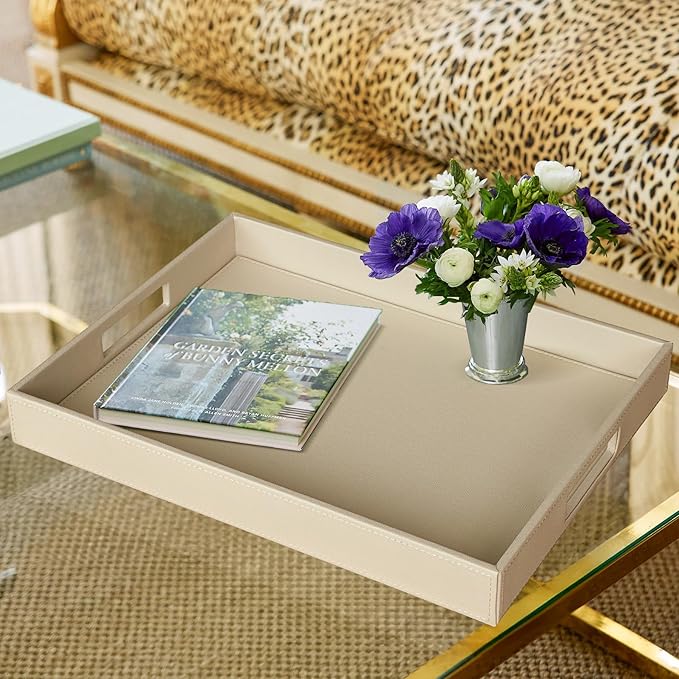 HofferRuffer Rectangle Serving Tray with Hole Handles for Coffee Table, Breakfast, Tea, Food, Butler - Countertop, Kitchen, Vanity Serve Tray, 16.2 x 12.2 x 2 inches, Faux Leather (Dark CreamWhite)