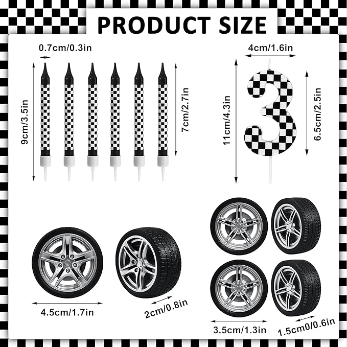 13 Pcs Racing Cars Themed Birthday Candles, Black and White Checkered Birthday Cake Candles, Numeral 3 Candle Wheel Tire for Racing Car Party Decoration Theme Party Supplies (Number 3)